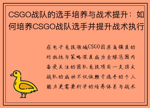 CSGO战队的选手培养与战术提升：如何培养CSGO战队选手并提升战术执行力