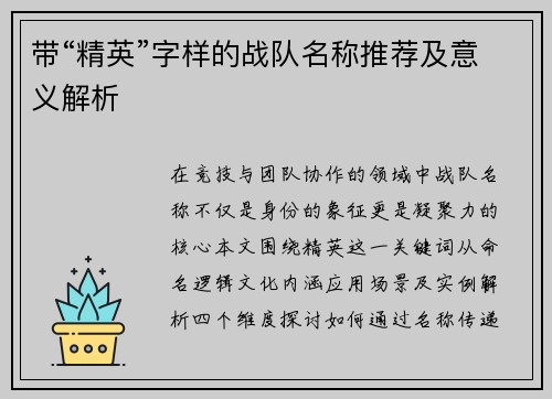 带“精英”字样的战队名称推荐及意义解析