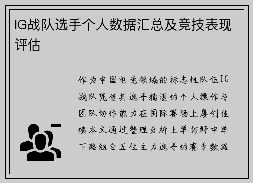 IG战队选手个人数据汇总及竞技表现评估